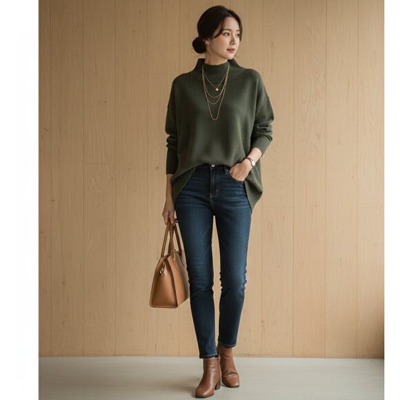 Eileen Fisher Mock Neck Tunic Sweater | Merino Wool | Olive Green | Women's L - Picture 2 of 9